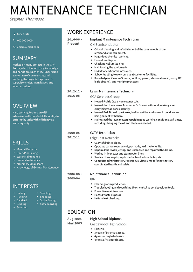 Maintenance Technician Resume Sample and Template