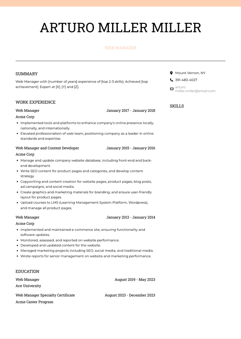 Web Manager Resume Sample and Template