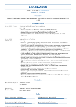 Director Of Facilities Resume Sample and Template