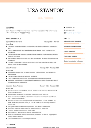 Claim Processor Resume Sample and Template