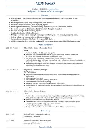 Ruby on Rails - Senior Software Developer Resume Sample and Template