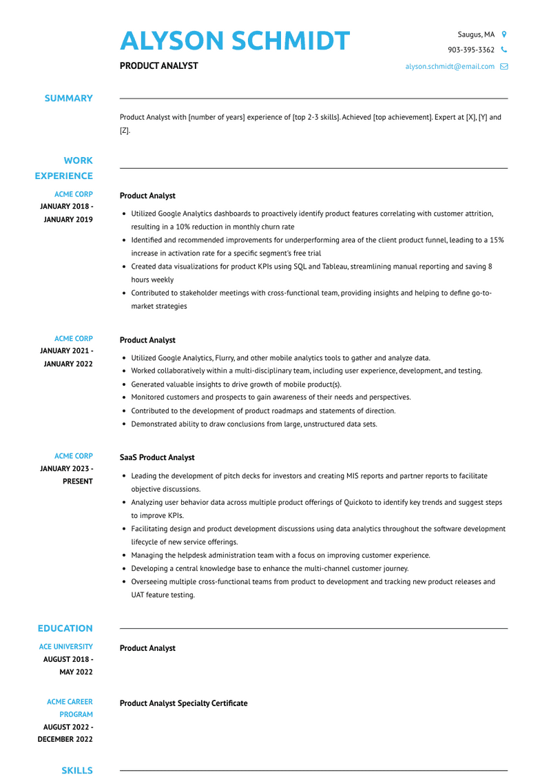 Product Analyst Resume Sample and Template
