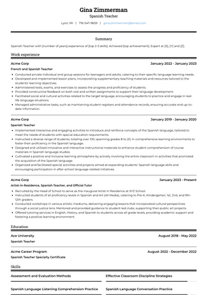 Spanish Teacher Resume Sample and Template