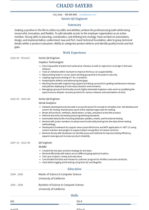 Senior QA Engineer Resume Sample and Template