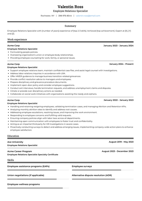 Employee Relations Specialist Resume Examples and Templates Employee Relations Specialist Resume Examples and Templates