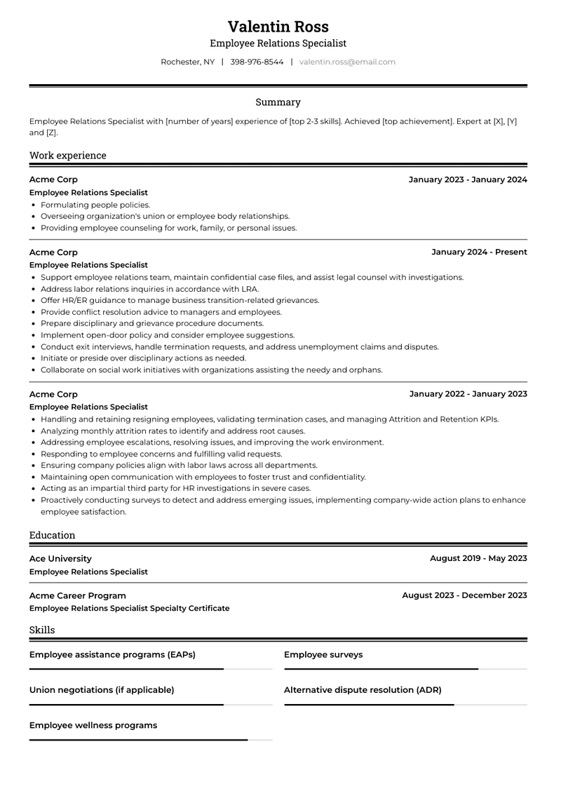 Employee Relations Specialist Resume Sample and Template