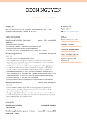 Manufacturing Technician Resume Sample and Template