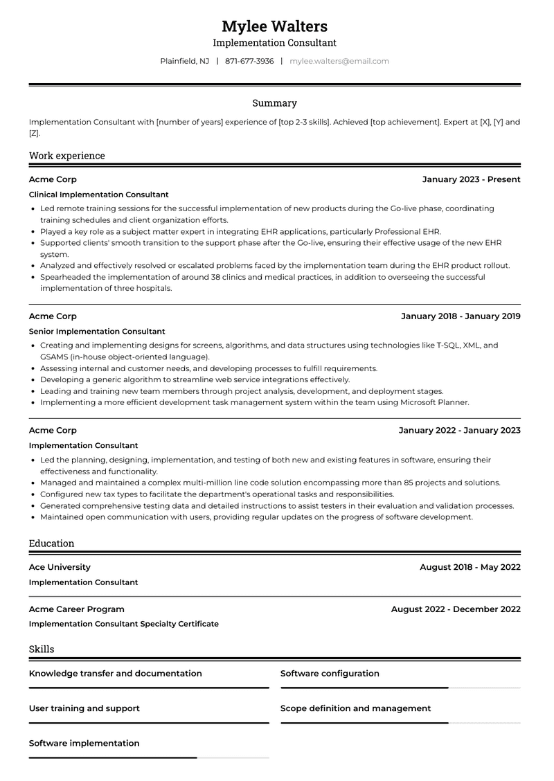 Implementation Consultant Resume Sample and Template