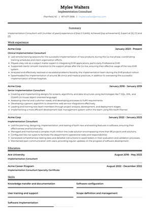 Implementation Consultant Resume Sample and Template