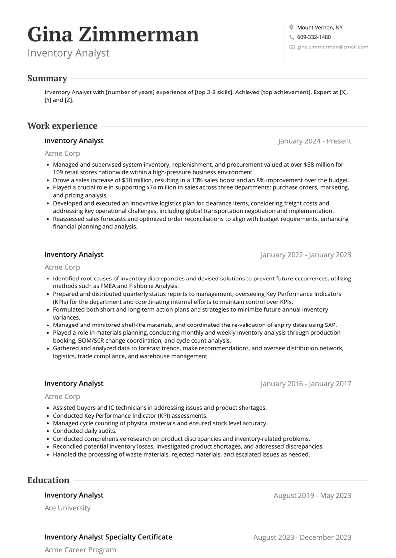 Inventory Analyst Resume Sample and Template