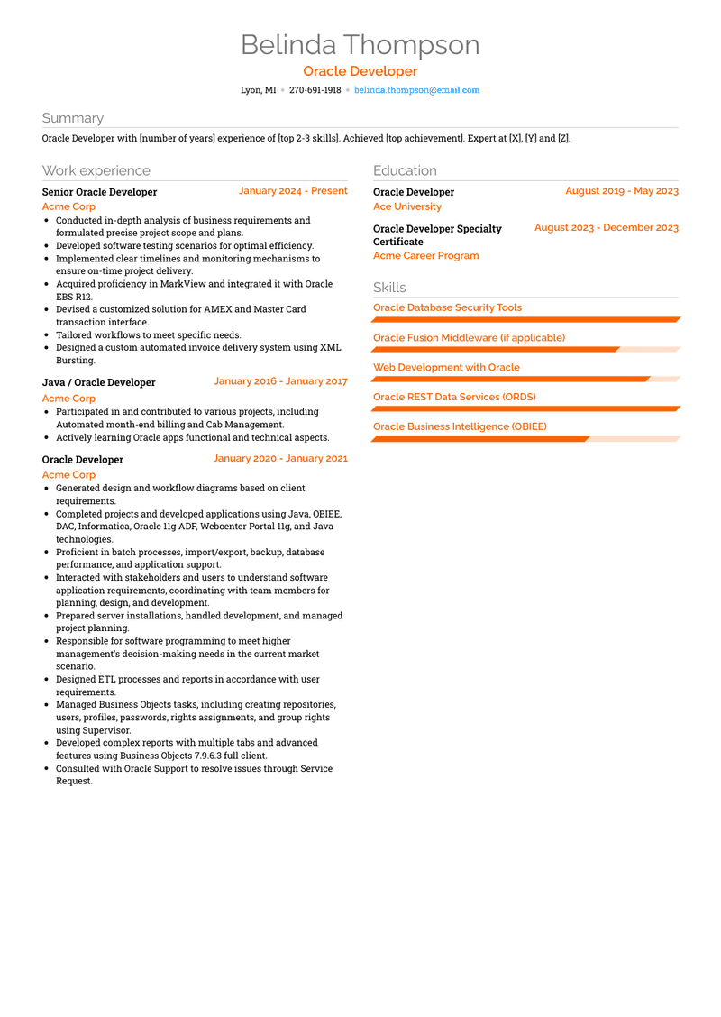 Oracle Developer Resume Sample and Template