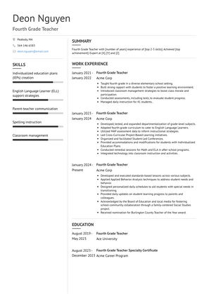 Fourth Grade Teacher Resume Sample and Template