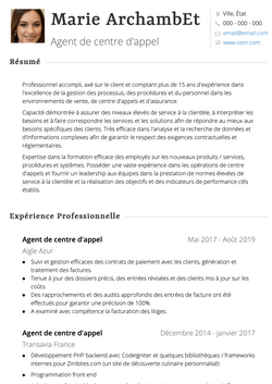 Exemple et modèle de CV Agent de centre d'appel