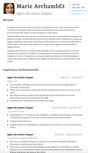 Exemple et modèle de CV Agent de centre d'appel