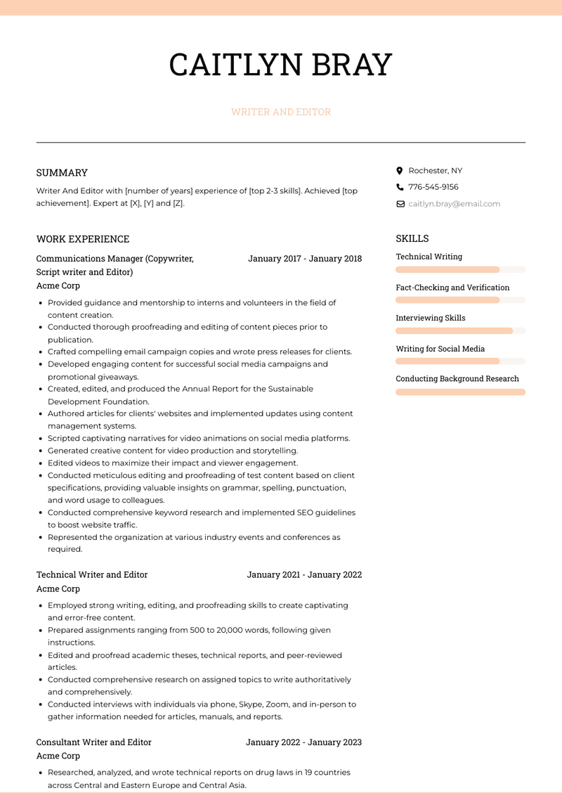 Writer And Editor Resume Sample and Template