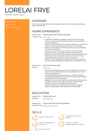 Teacher And Coach Resume Sample and Template