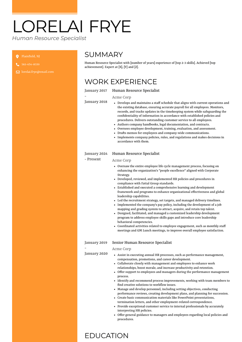 Human Resource Specialist Resume Sample and Template