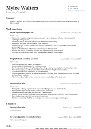 Inventory Specialist Resume Sample and Template