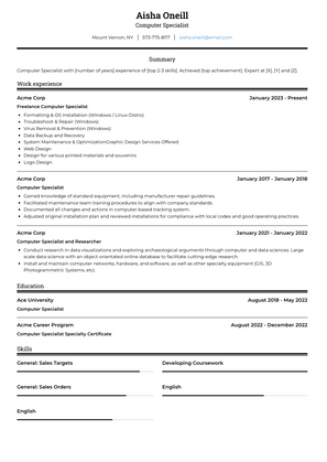 Computer Specialist Resume Sample and Template