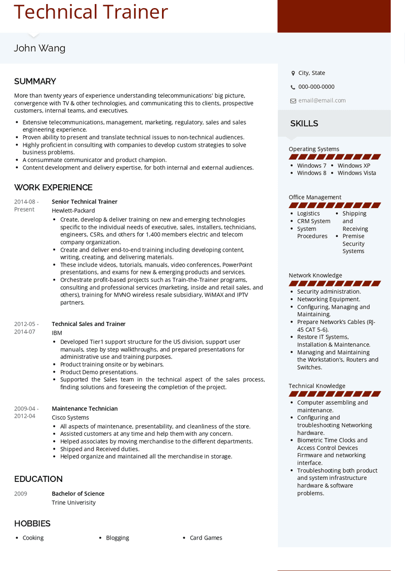 Technical Trainer Resume Sample and Template