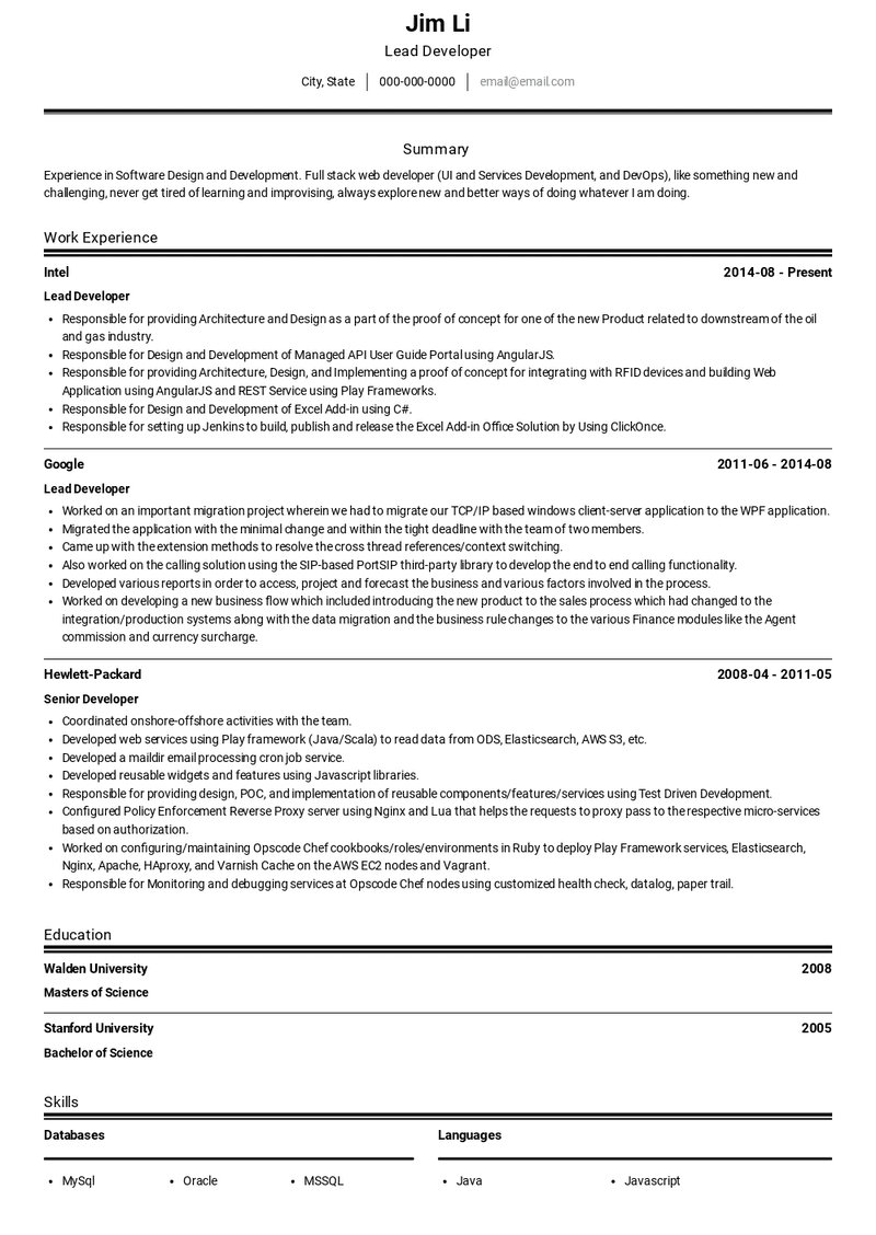 Lead Developer Resume Sample and Template