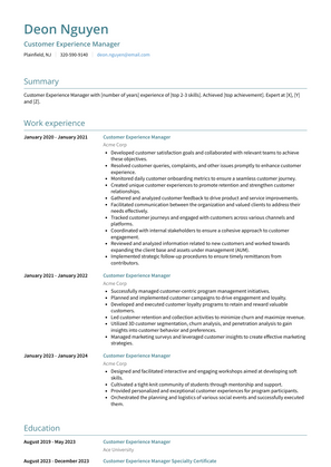 Customer Experience Manager Resume Sample and Template