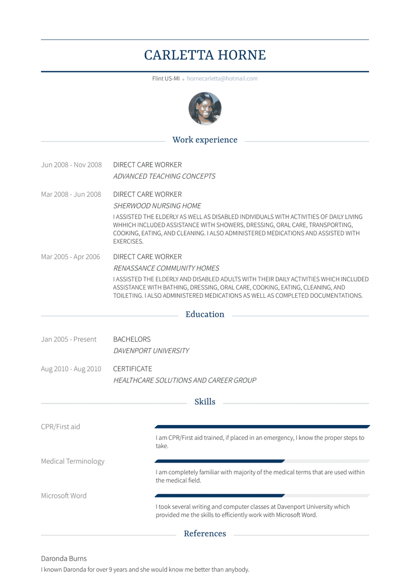 Direct Care Worker Resume Sample and Template