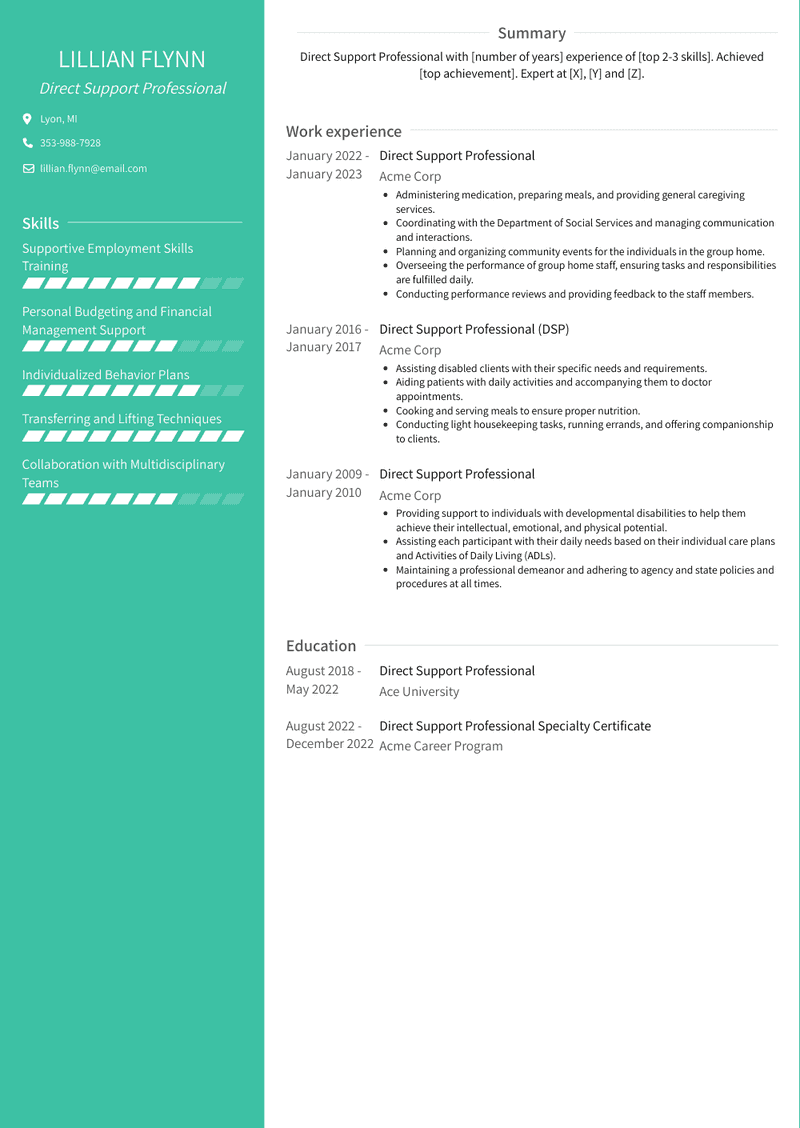 Direct Support Professional Resume Sample and Template