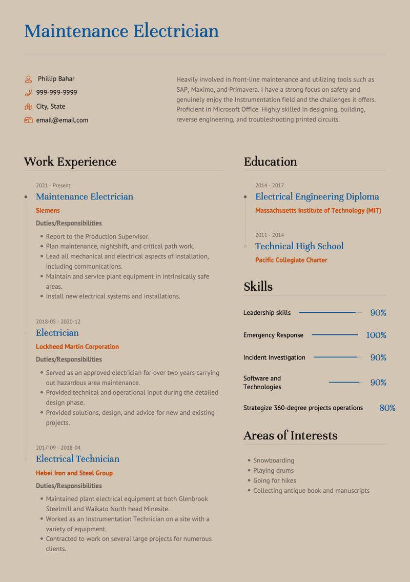 Electrician CV Example and Template