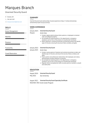 Unarmed Security Guard Resume Sample and Template