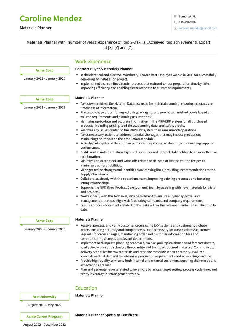 Materials Planner Resume Sample and Template
