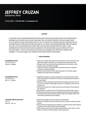 Salesperson, retail CV Example and Template