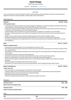 Staff Programmer Analyst Resume Sample and Template