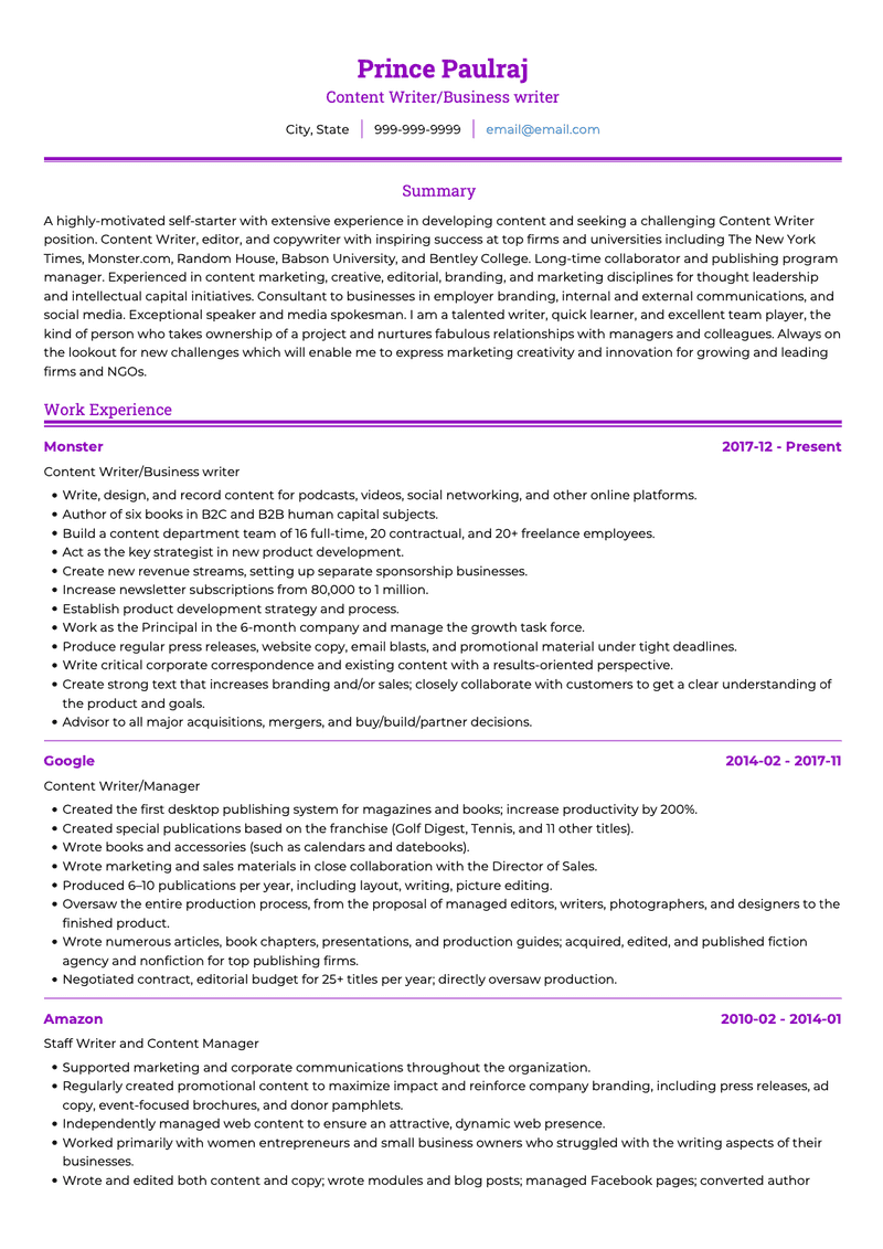 Content Writer CV Example and Template