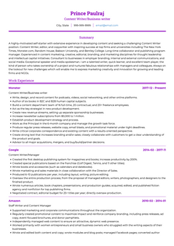 Content Writer Resume Sample and Template