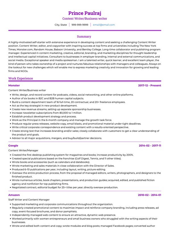 resume model for content writer