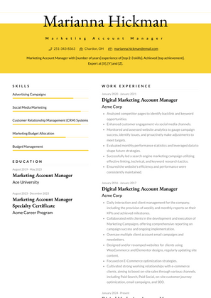 Marketing Account Manager Resume Sample and Template