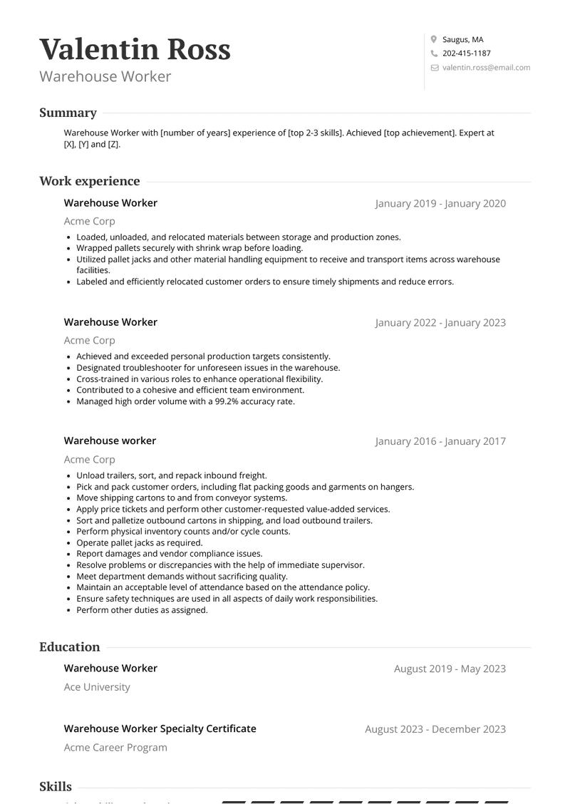 Warehouse Worker Resume Sample and Template