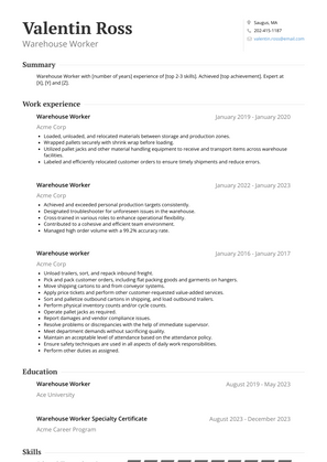 Warehouse Worker Resume Sample and Template