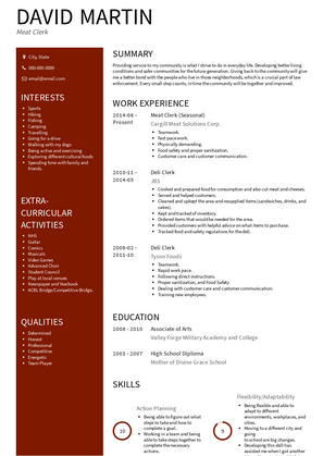 Meat Clerk Resume Sample and Template