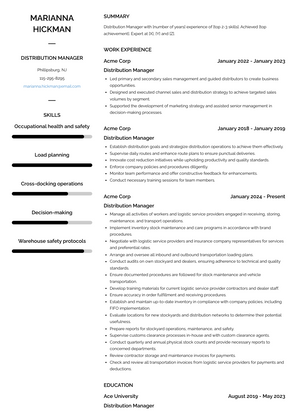 Distribution Manager Resume Sample and Template