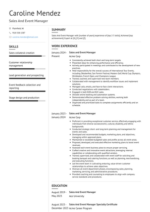 Sales And Event Manager Resume Sample and Template