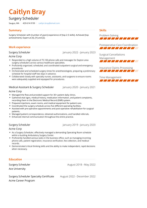 Surgery Scheduler Resume Sample and Template