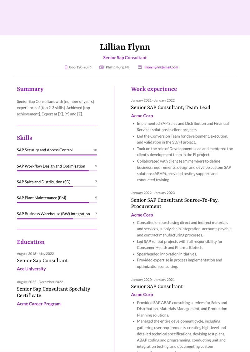 Senior Sap Consultant Resume Sample and Template