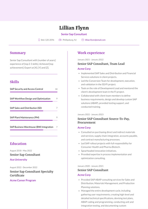 Senior Sap Consultant Resume Sample and Template