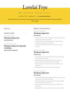 Warehouse Supervisor Resume Sample and Template