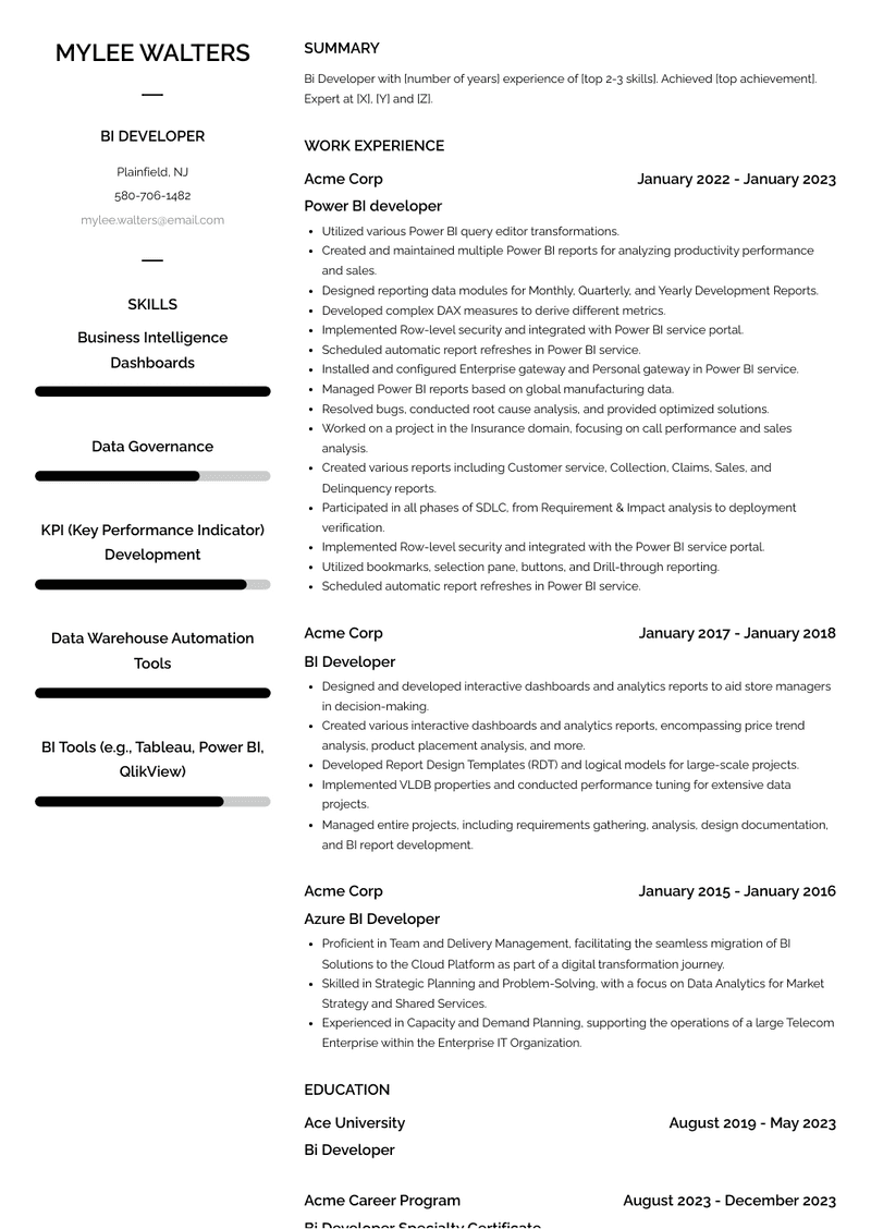 Bi Developer Resume Sample and Template