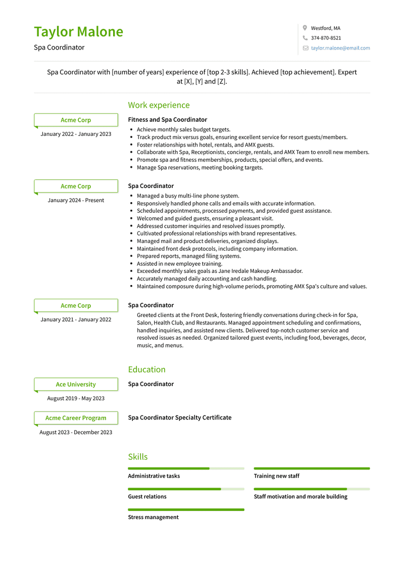 Spa Coordinator Resume Sample and Template