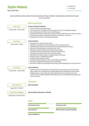 Spa Coordinator Resume Sample and Template