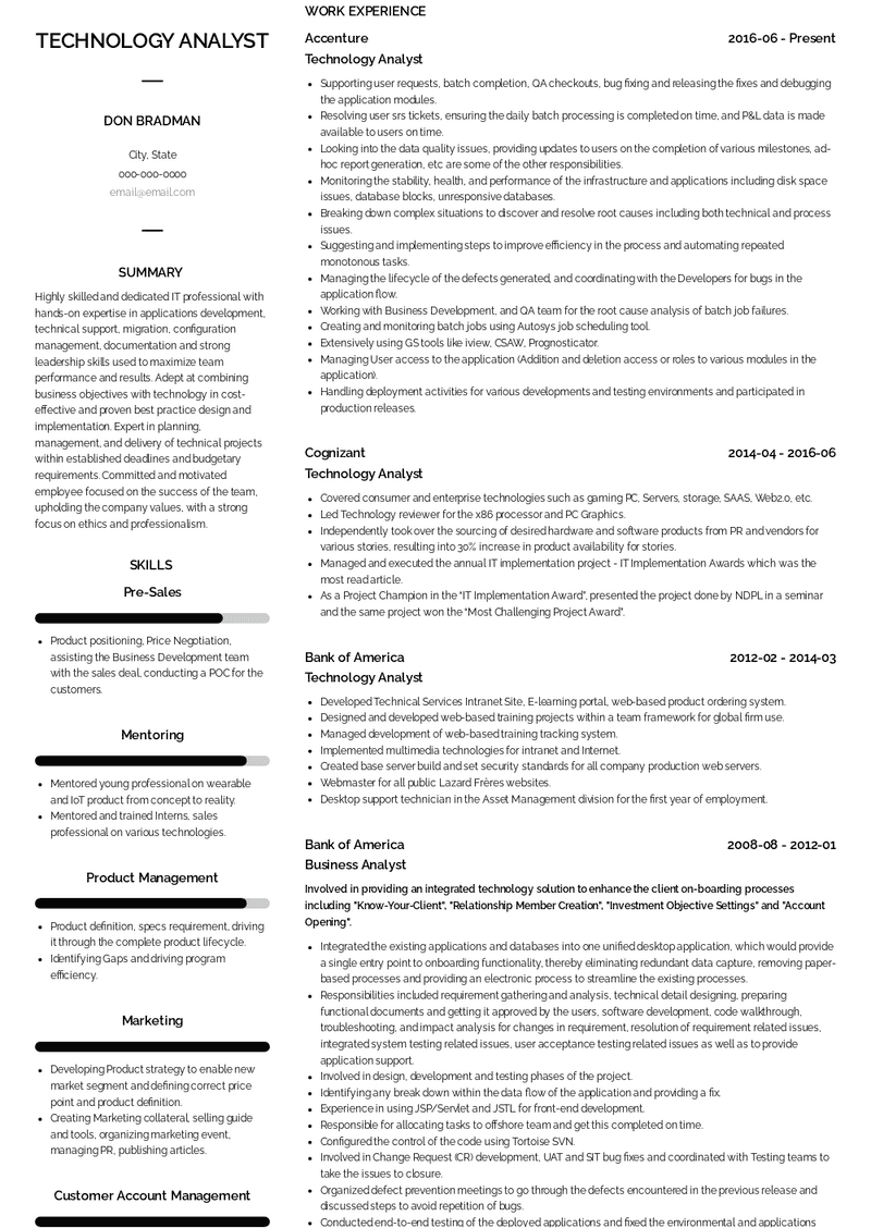 Technology Analyst Resume Sample and Template